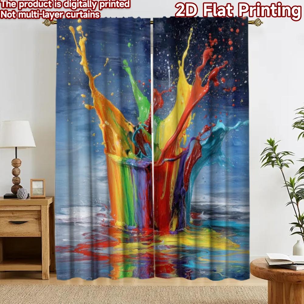 2D flat printing 2pcs Curtain Curtain Colorful Paint Splash Digital Printed Polyester Drapes Festive Curtains Perfect for Yard &