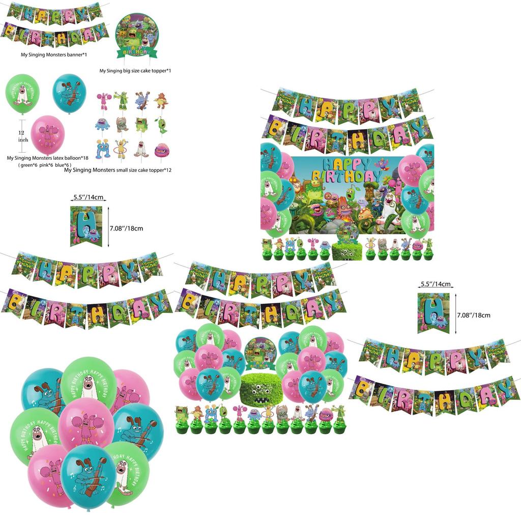 Colorful Monster Music Concert Birthday Party Decorations Forest Creature Bunting Banner Balloons Cake Toppers