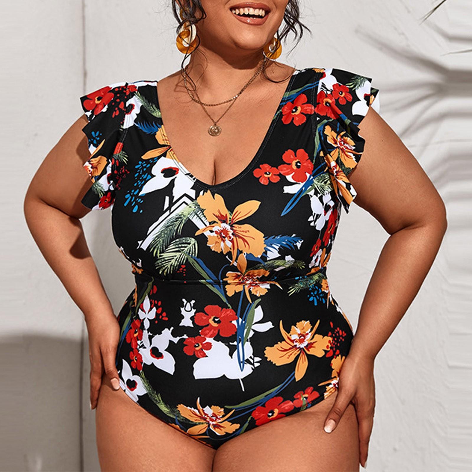 

2025 Women S One-Piece Swimsuit Sexy Solid Leopard Printed Ruffle Leaf Sleeve Tube Top Casual Comfortable Big Size Beach Bikini 3XL чорний