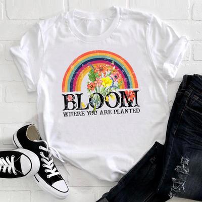 (Asian Size)Tee Top Fashion Women Letter Flower Trend 90s Cute Lovely Print Lady T Shirt Clothing Casual Short Sleeve Female Graphic T-shirt