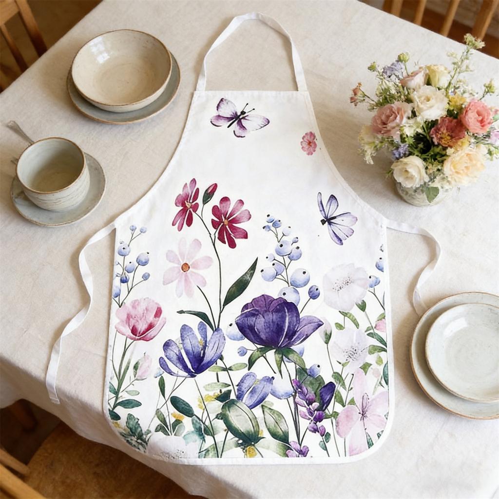 Set Of 6 Aprons With Floral And Butterfly Prints, Made Of Polyester, Suitable For Kitchen Cooking And As A Protective Garment