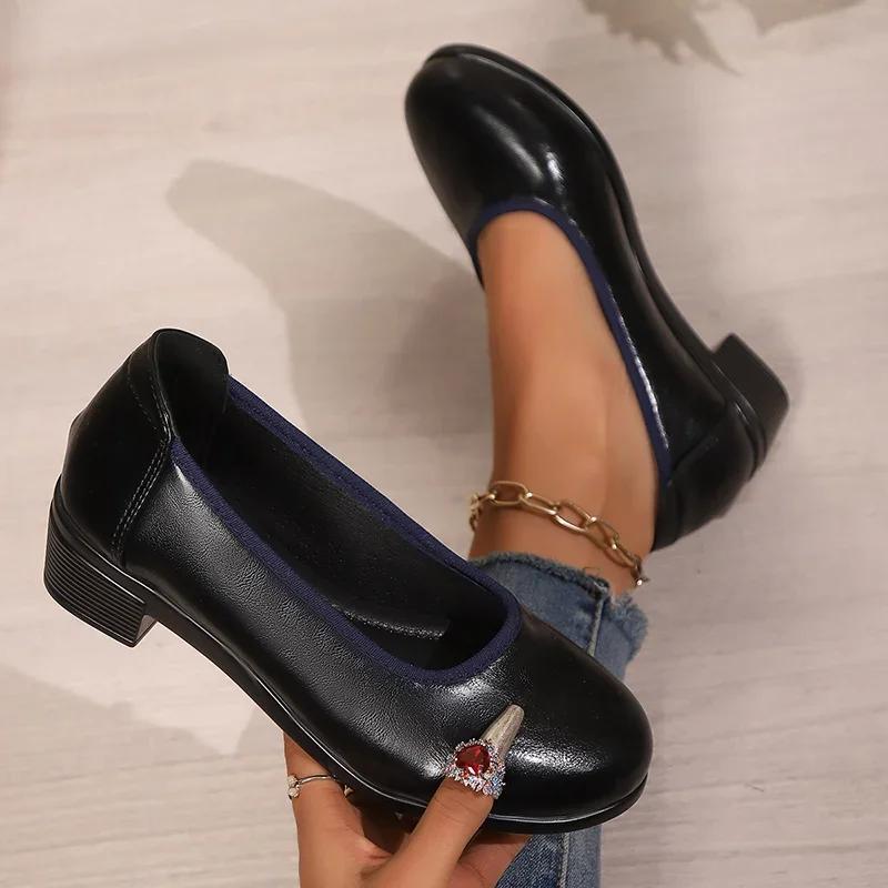 Fashion Rimocy Med Heels Work Pu Leather Shoes Women Spring New Plus Size Thick Heeled Pumps Woman Comfort Shallow Office Shoes Size