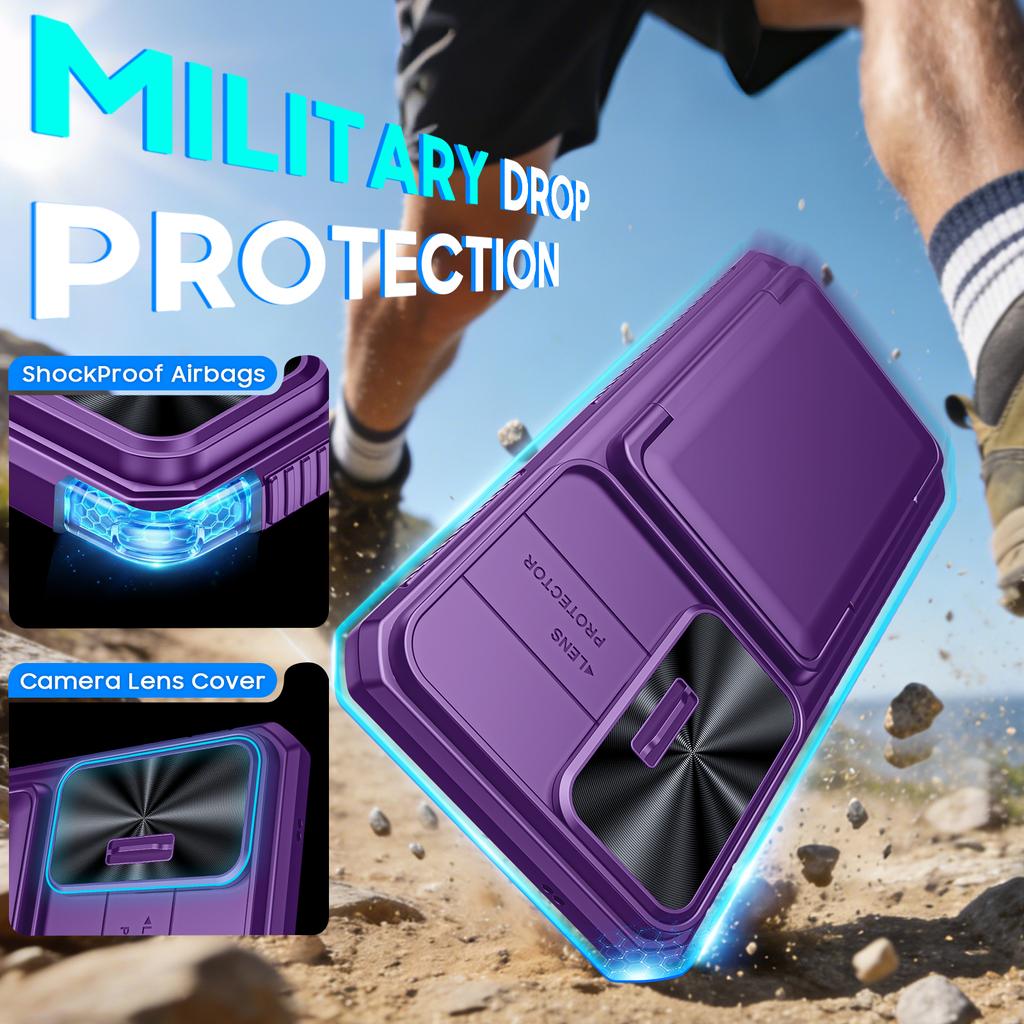 Su kortelių laikikliu, slankiojančiu kameros dangteliu ir stoveliu, skirtas Samsung Galaxy S26 Ultra telefono dėklas, apsaugantis nuo kritimo, PC+TPU piniginės dėklas - Violetinis