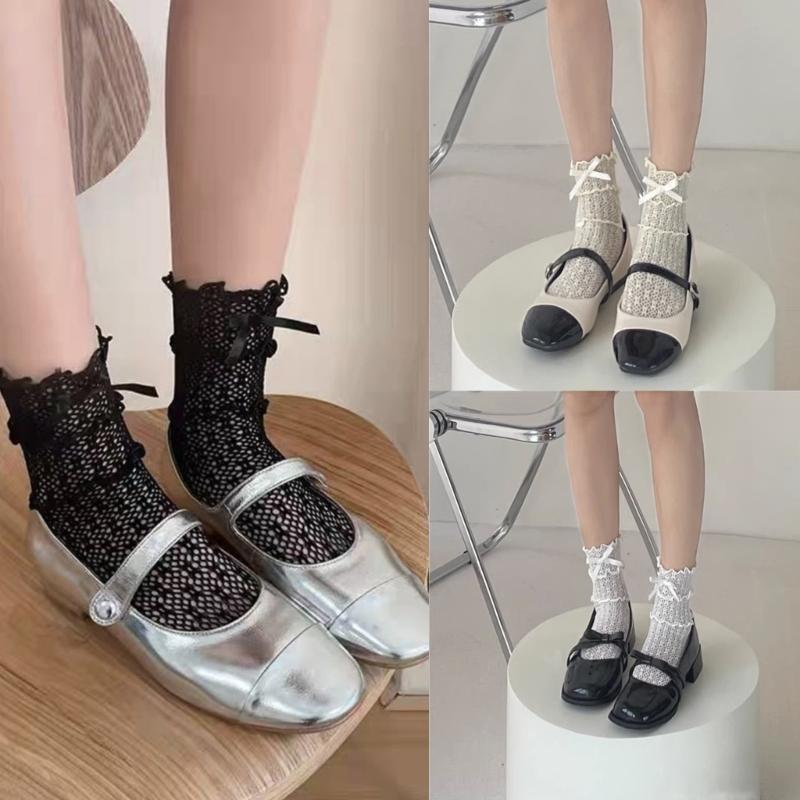 Lace Calf Socks Bowknot Middle Tube Sock Summer Hollow Out Stocking for Student Girl Lady Japanese Style Socks