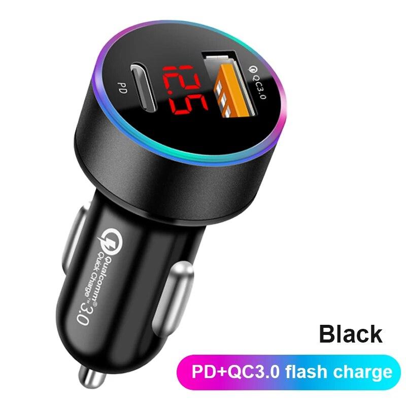 SEAMETAL 38W Car Charger PD+USB QC3.0 Quick Charging Phone Charger with LED Voltmeter Display