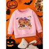 Kids Crewneck Sweatshirt, Halloween Cartoon Pumpkin Capybara & HALLOWEEN Text Print