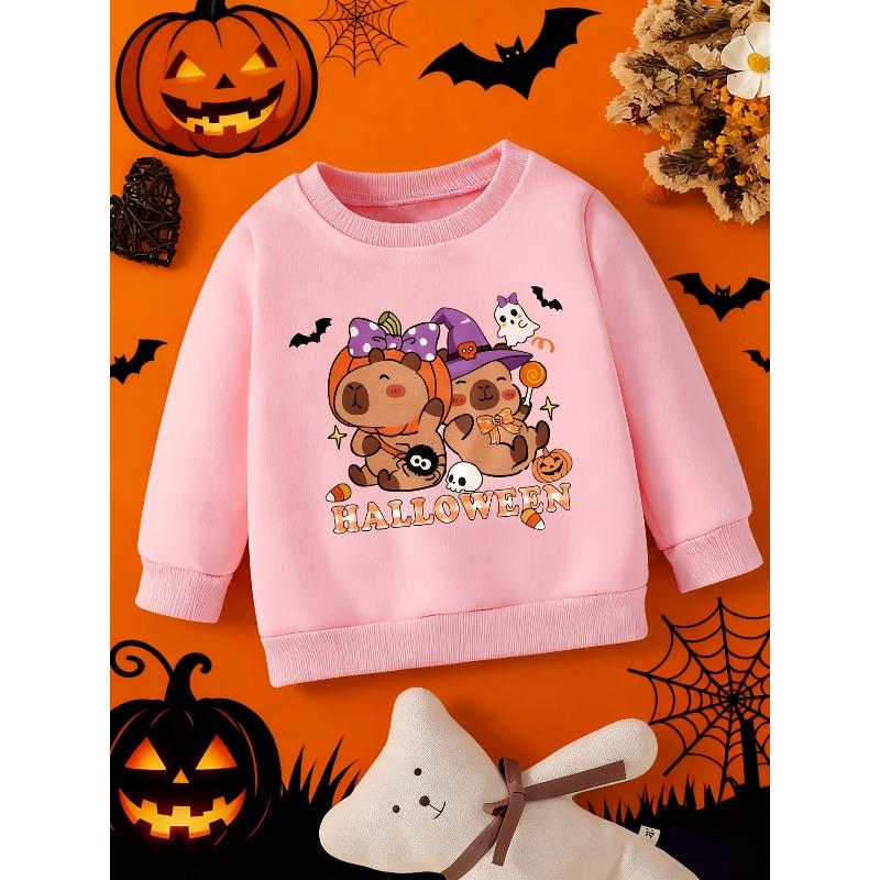 Kids Crewneck Sweatshirt, Halloween Cartoon Pumpkin Capybara & HALLOWEEN Text Print