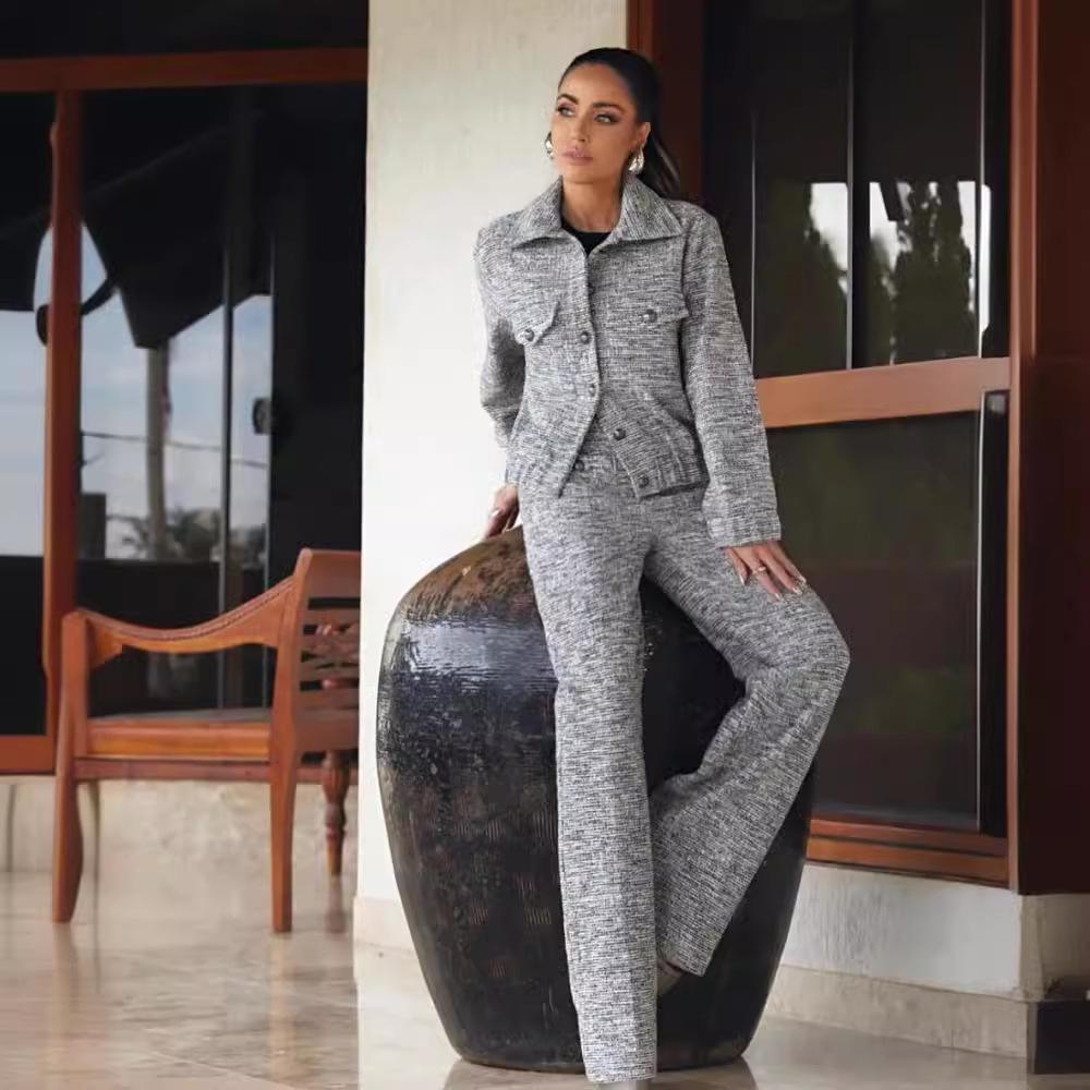 

Женский приталенный жакет с отложным воротником и брюки с высокой посадкой, комплект, осень 2024 XS светло-серый