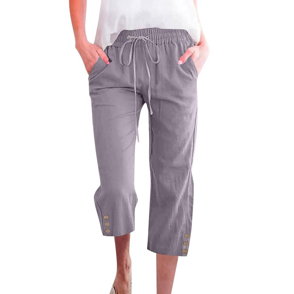 Spring Solid Color Cotton Linen Drawstring Cropped Pants