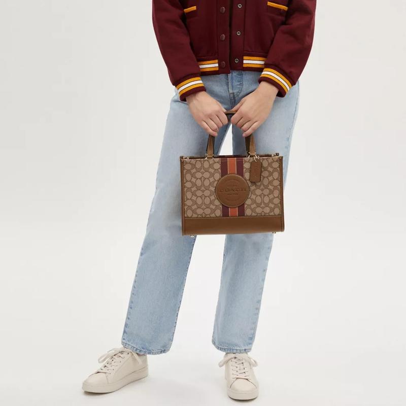 COACH Dempsey 30 Embossed Logo Stripe Classic Presbyopic Snaps Pebble Textile and Calf Leather Shoulder Handbag Large Women's Khaki and Saddle Brown