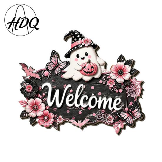 Rustic Porch Hanging Sign Halloween Pumpkin Ghost Wooden Welcome Door Hanger Sign Cute Wall Ornament with Bell 3D Floral Art Rope Decor for