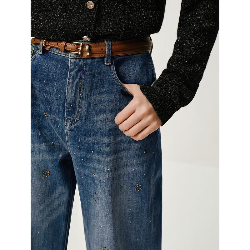 JIUZI Annaque Vintage Washed Rhinestone Straight-Leg Jeans
