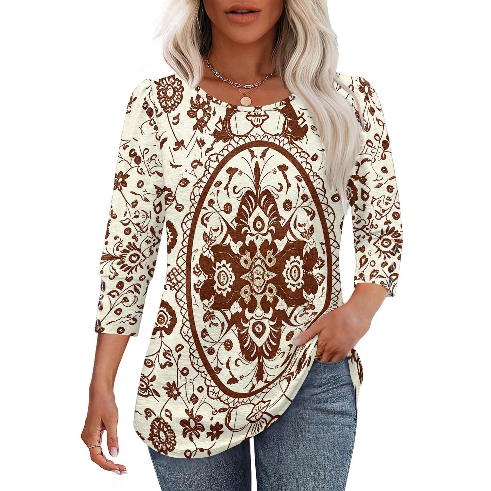 Women s Casual Loose Fit Blouse Three Quarter Sleeve Round Neck Top Lightweight Comfortable Fabric Suitable for Daily Wear S