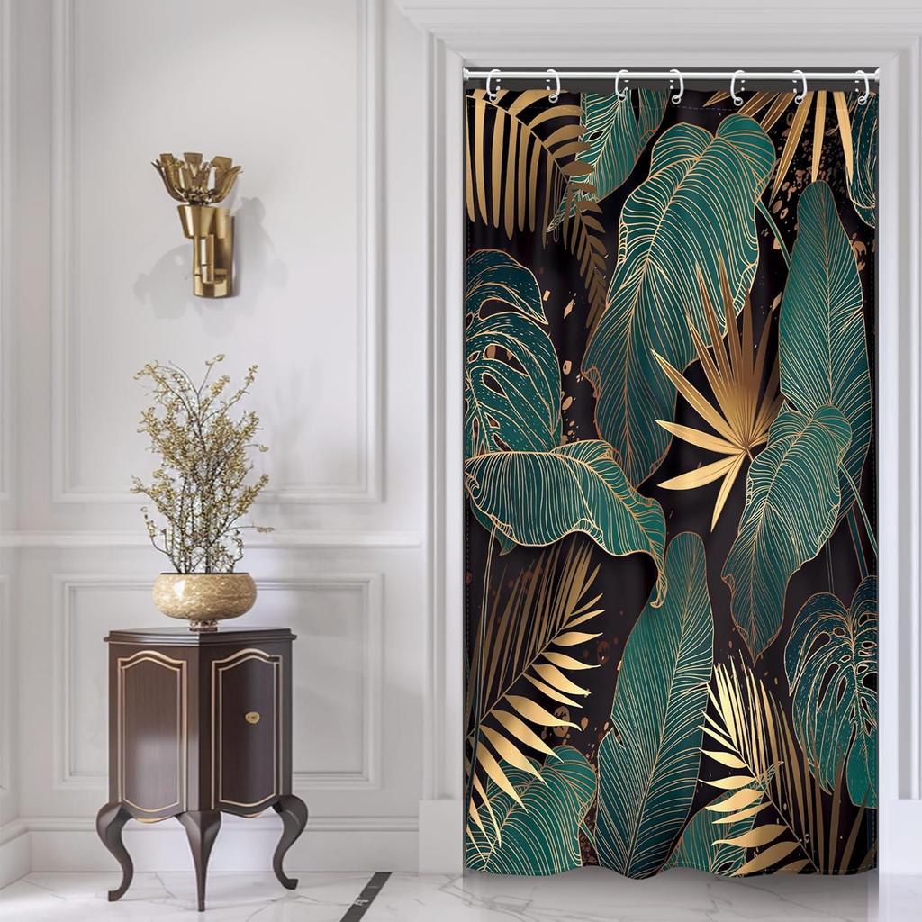 Emerald Green Boho Shower Curtain Black Gold Modern Abstract Palm Leaves Tropical Monstera Bathroom Curtain Set Brown Botanical