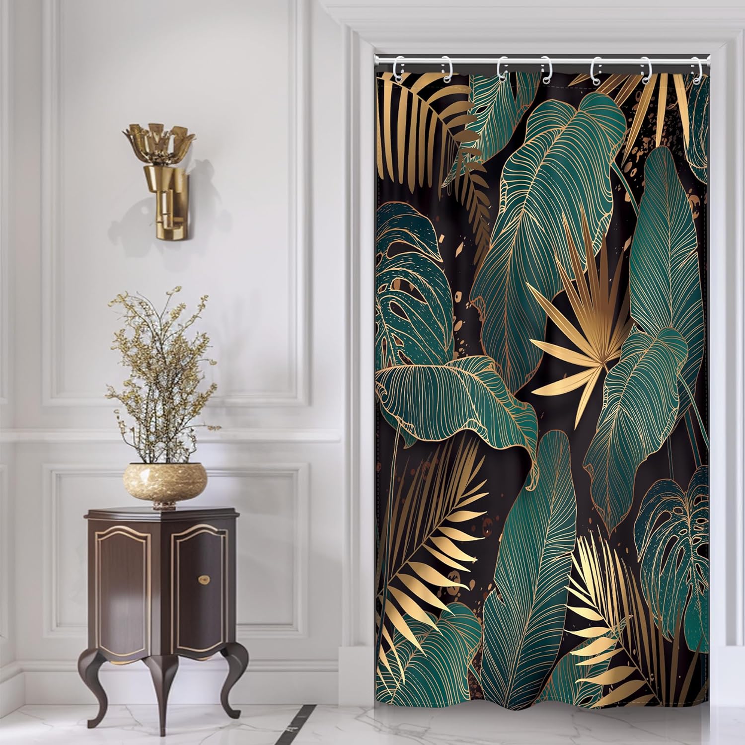 Emerald Green Boho Shower Curtain Black Gold Modern Abstract Palm Leaves Tropical Monstera Bathroom Curtain Set Brown Botanical 90x180CM