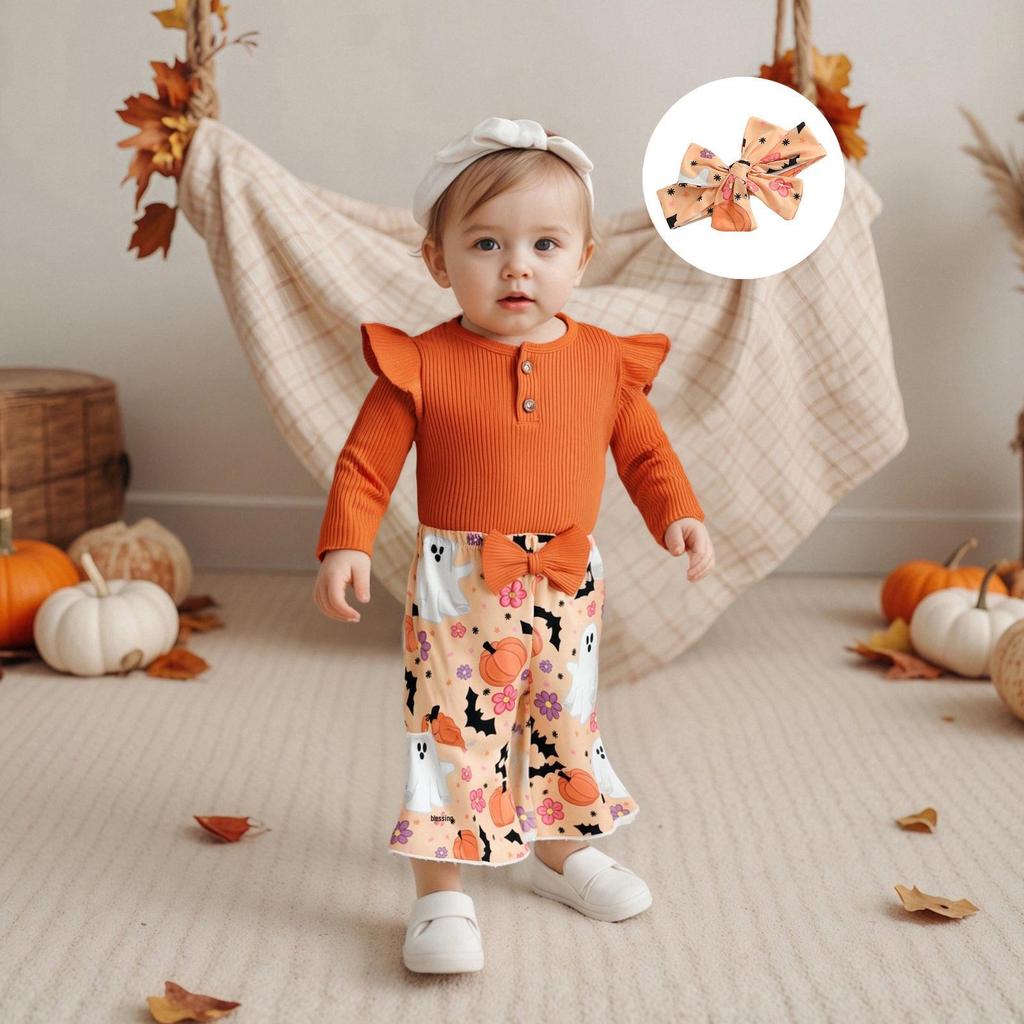Baby Girl Halloween Flutter Sleeve Romper with Ghost/Pumpkin Pants & Headband - 3 Piece Set