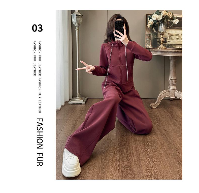 Spring Casual Fashion Set: Women's Korean-Style Zipper Cardigan Hoodie with Wide-Leg Pants, Two-Piece Set