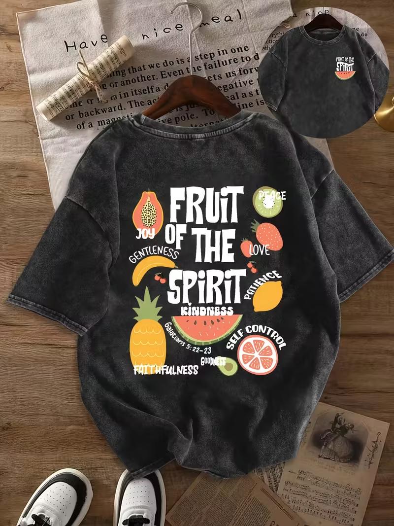 

Retro Washed T Shirt with Fruit of The Holy Spirit PrintRound Neck Short Sleeve Casual Daily Tops Unisex Women Unisex Tshirt S