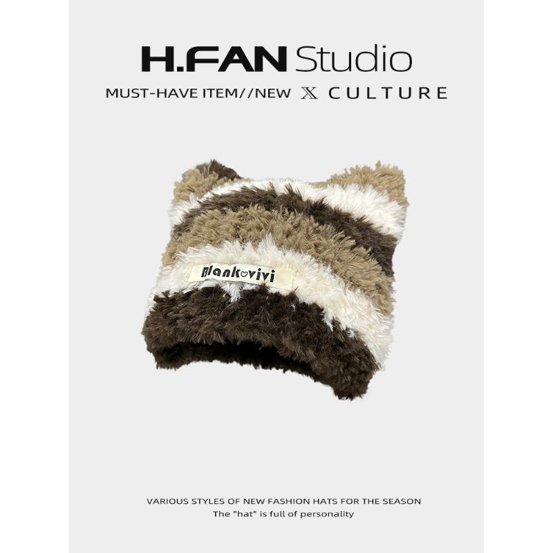 

Cute Cat Ears Ear Protection Hat with Contrasting Stripes Japanese Style Plush Woolen Hat for Women Autumn and Winter Warm and Cold Hat M（54-58cm）