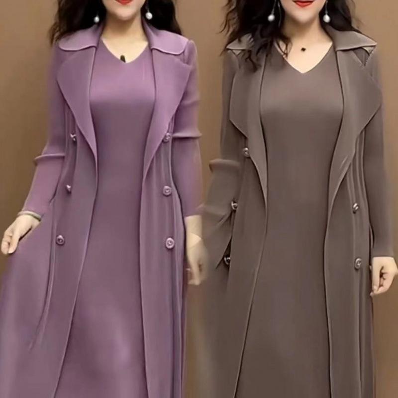 Damen Vielseitiges Übergröße A-Linien-Kleid mit Fake-Zweiteiler-Anzugkragen, Hoher Taille und Elastischem Taillen-Schlankheitsdesign für Frühling und Herbst