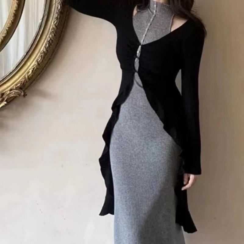 Gray Women's Autumn Two-Piece Set: High-End Cardigan and Bodycon Skirt, Elegant Lightly Mature Style