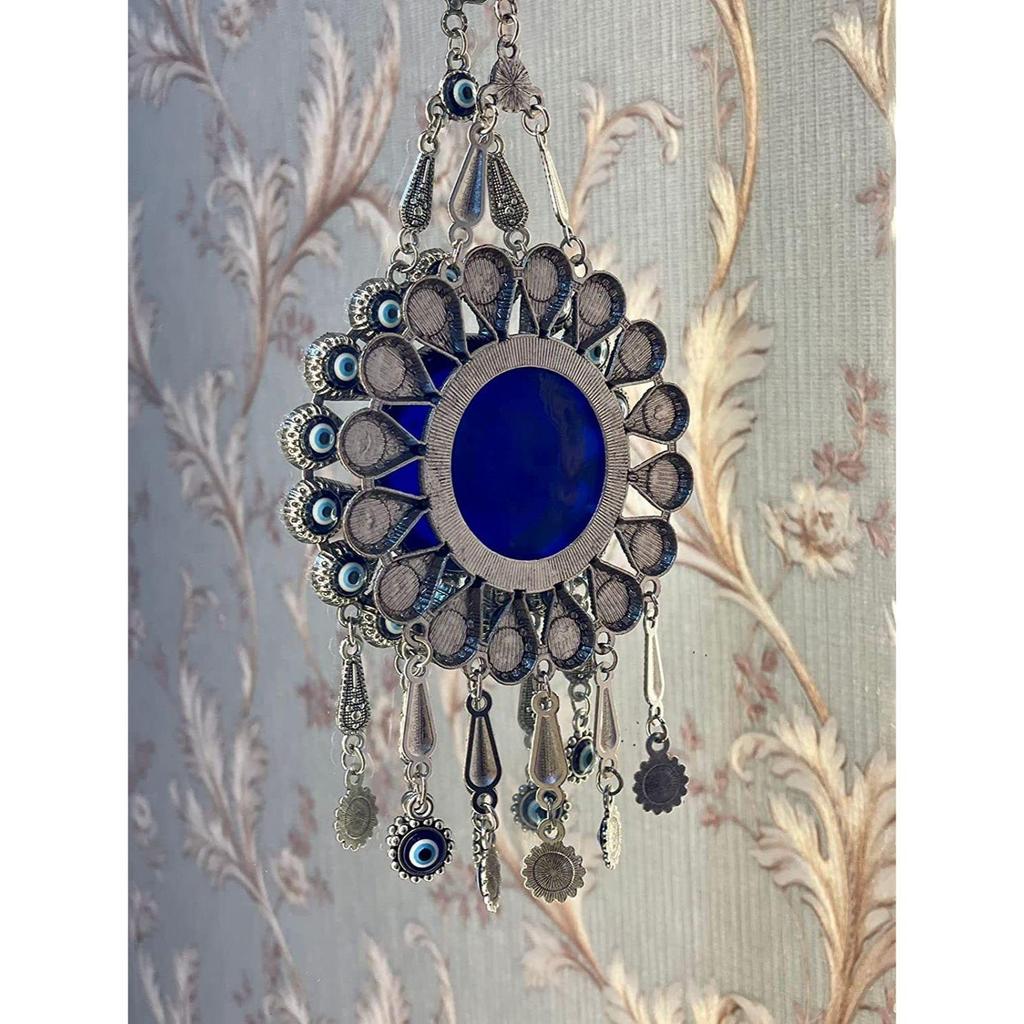 Silver Evil Eye Wall Hanging – Handmade Turkish Blue Nazar Amulet | Spiritual Protection Charm for Home & Office