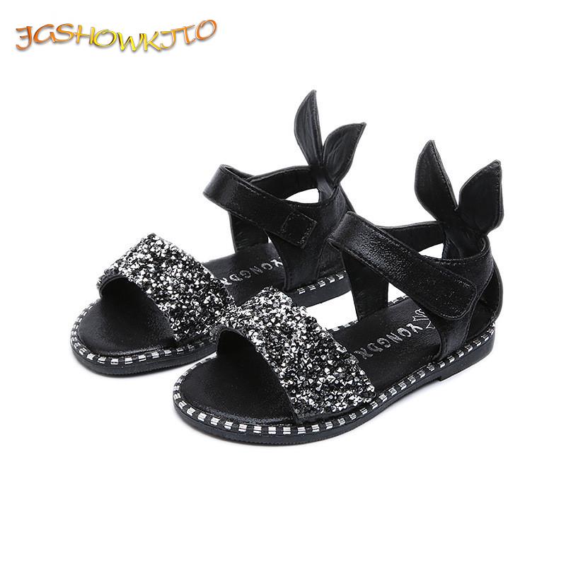 Children Sandals For Toddlers Girl Big Girls Kids Beach Shoes Cute Sweet Princess Rhinestone With Rabbit Ear Soft Fashion 21-36