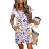 Women's Summer V-Neck Short Sleeved Drawstring With Pocket Floral Print Casual Dress