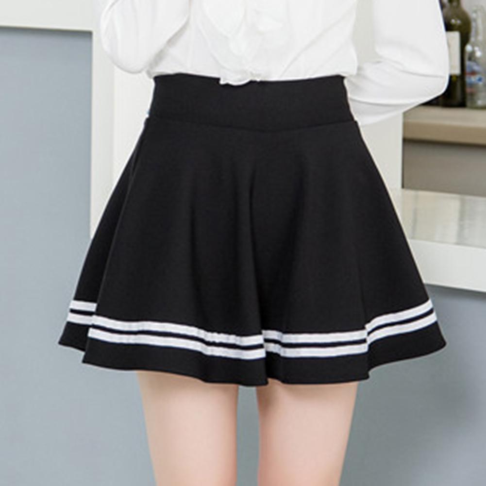 Fashion Womenswear Women Stripes Pleated Stretchy Pure Color High Waist School Mini Skirt