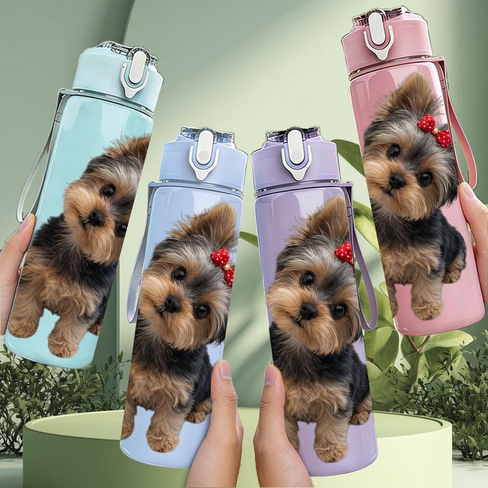 1PC Small Yorkie Puppy Headshot 750ml Color Plastic Sports Water Bottle Leakproof Flip Straw Lid Suitable for Sports Office Home Use