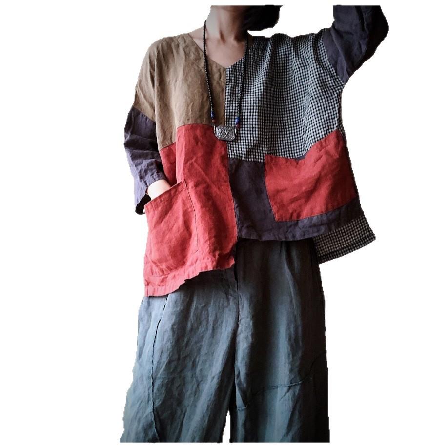 Ancient Mud Patchwork Loose Linen Top - Women's Plus Size Artistic Black & White Plaid Shirt