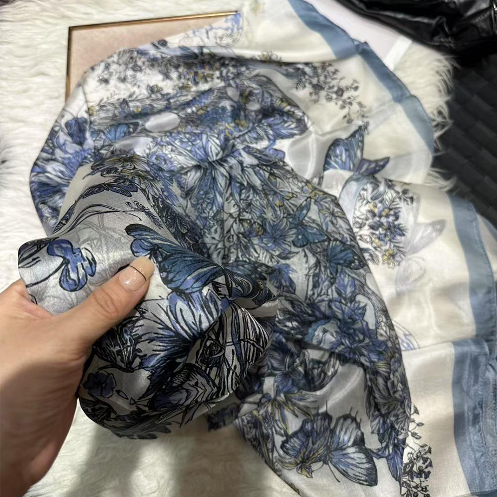 Bysifa|Blue White Silk Scarf Shawl Fall Winter Women Long Scarves Butterflies Design Summer Ladies Beach Silk Wrap Foulard