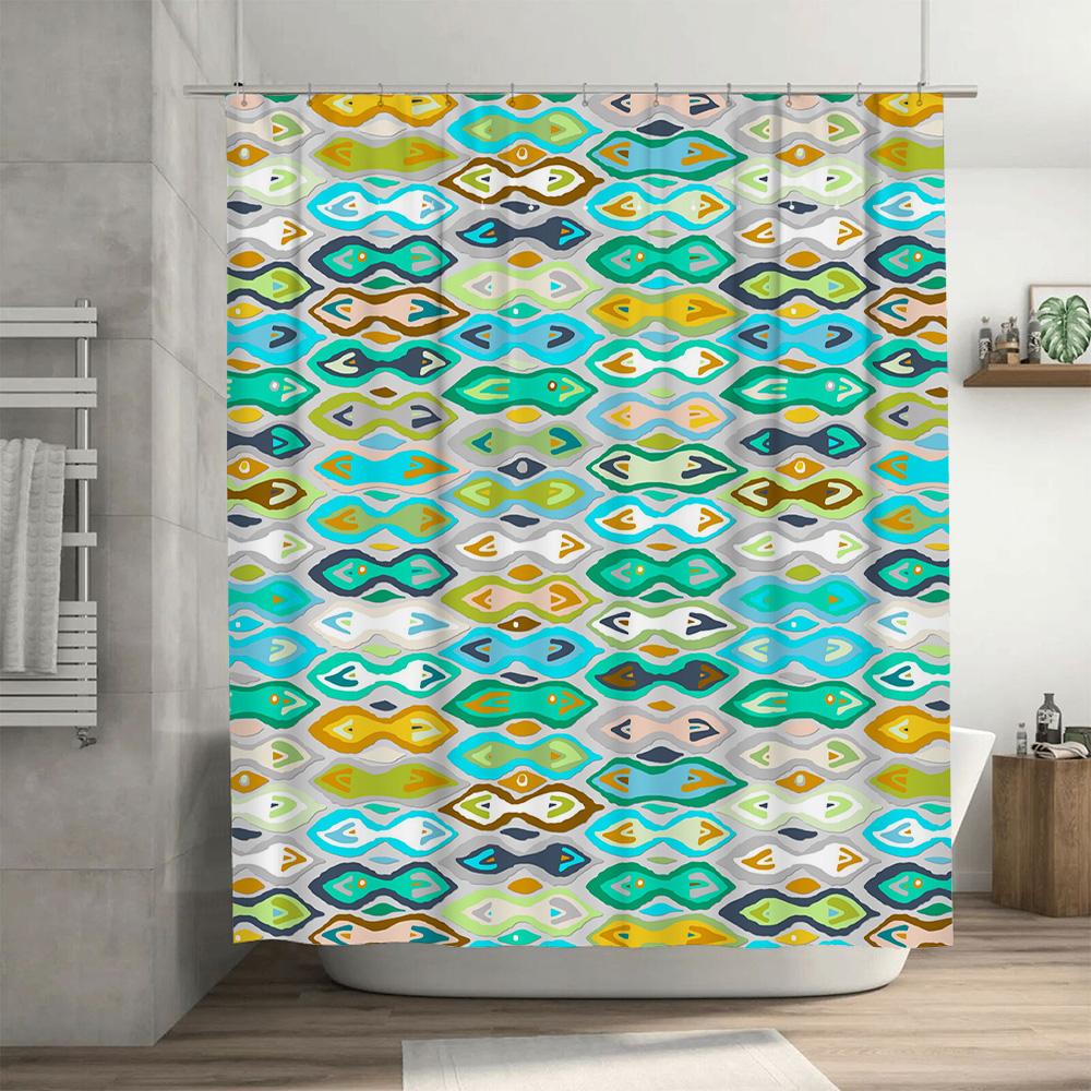 Brightly Colored Geometric Shower Curtain for Bathroom Decor Modern Waterproof Fabric with Hook Rings Set (Blue/White/Green)