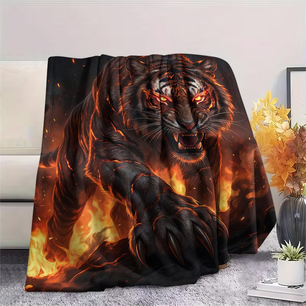 Flame Tiger Horse Dog Death Print Flannel Blanket,High Quality Comfortable for All Seasons,Home Decor,Warmth and Comfort,Perfect for Christmas Gifts