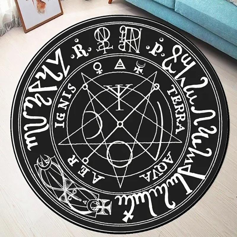 Motivo Sole Pentagramma, Schema Pentacolo, Carta Stellare, Stampa d'Arte Orientale Misteriosa, Tappeto con Rune Soprannaturali Bianco e Nero