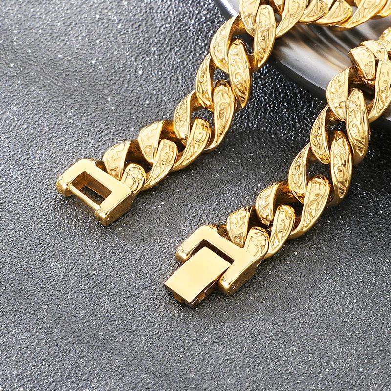 Hip Hop Stainless Steel Cuban Link Bracelet for Men Vintage Pattern Trendy Party Accessory Thick Charms Jewelry Gift for Party