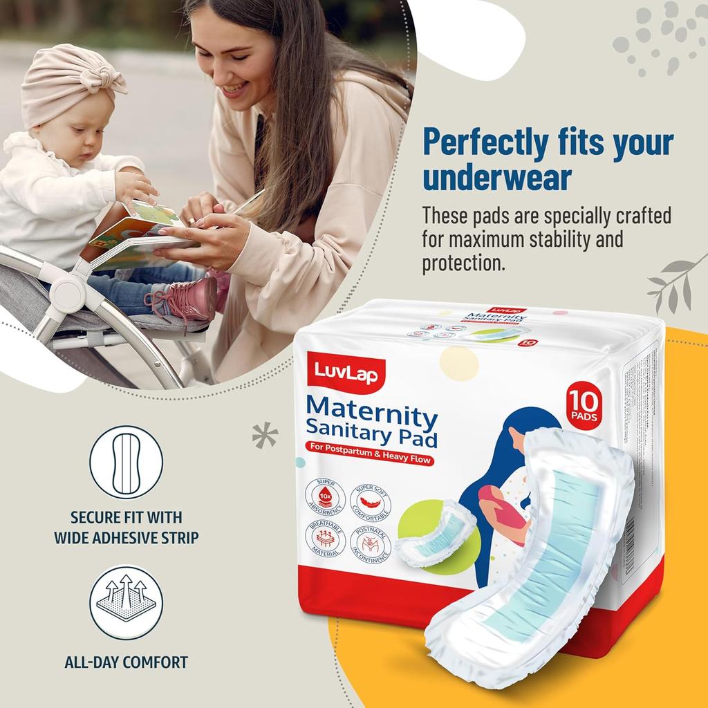 LuvLap Extra Absorbent Maternity Pads, Pack of 1 for Heavy Postpartum Flow, Ultra Soft Comfort for New Moms After Birth