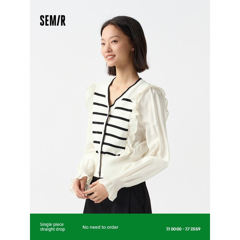 

Senma Knitwear Women s Short Patchwork Fake Two-Piece Wooden Ear Spring Elegant V Neck Stripes Tops Fashion Commuter White 00311 155/80A/S