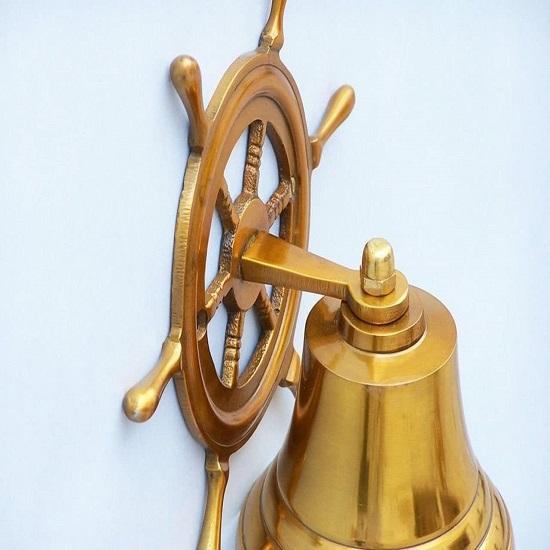 Brass Plated Hanging Ship Wheel Bell, 17.78 Cm