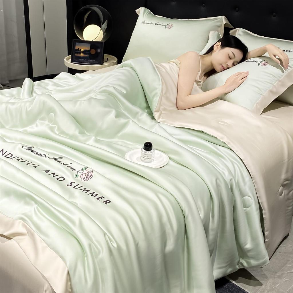 Luxury Washable Ice Silk Summer Quilt Set - Cool, Embroidered, Lightweight Four-Piece Bedding for Air Conditioning