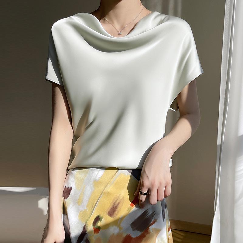Women s Spring/Summer 2026 Silk Satin French Collar Short-Sleeve Blouse, Plus-Size. 2XL