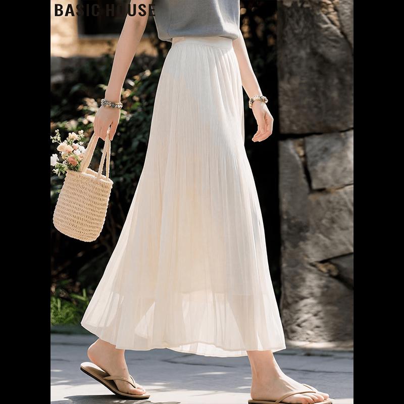 Basic House Women s Pleated Mesh A-Line Midi Skirt M