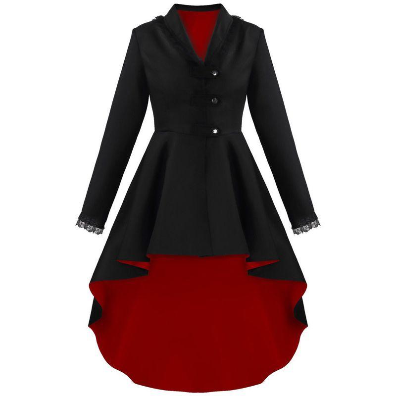 Medieval Retro Long Coat with Irregular Hem Swallowtail Design, Unique Buttons, Lace Trim Trench Coat Cosplay Outfit