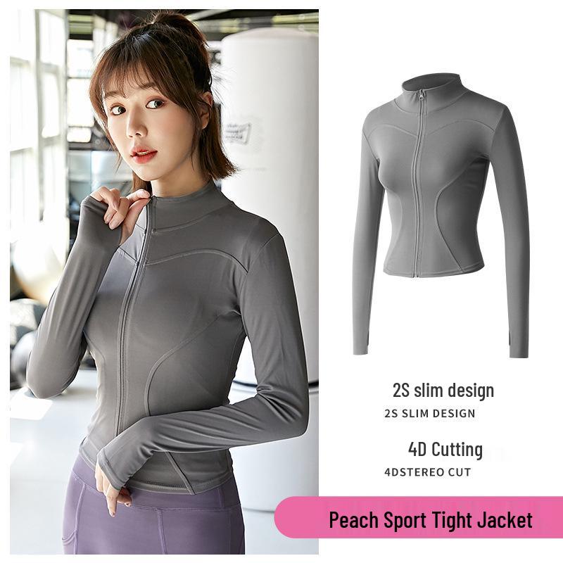 Pfirsichfarbene Fitnessjacke: Schnelltrocknendes Langarm-Sportoberteil mit Reißverschluss und Stehkragen für Yoga im Frühling und Herbst