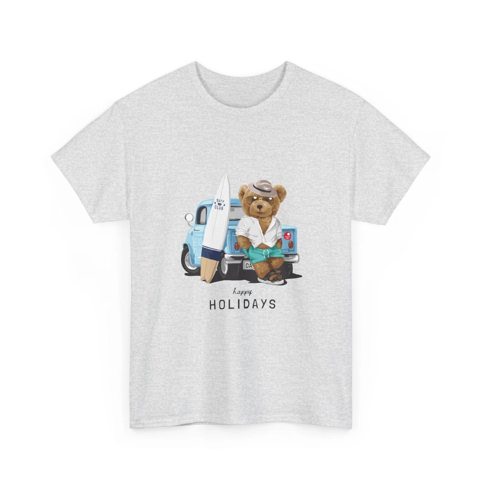 Surfing Bear Happy Holidays Tee | Surfboard Truck Beach Shirt, Vacation, Cotton S