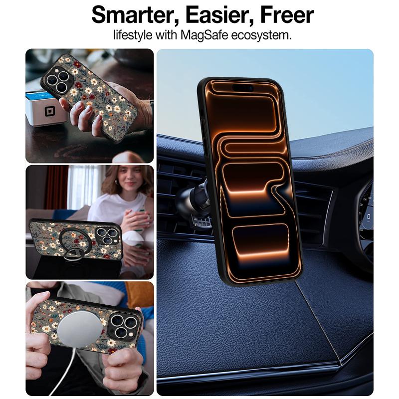 Thin Ring Magnetic For Magsafe Case For iPhone 17 Pro Max Case iPhone 16 15 14 13 Pro Max 17E Daisies Flowers Print Hybrid TPU+PC Matte Cover