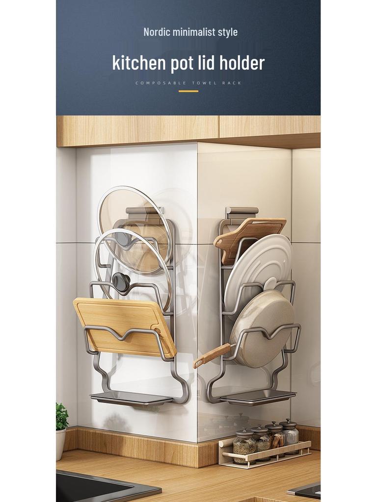 Rostfri väggmonterad grytlock- och skärbrädeorganisatör med vattenuppsamlingslåda