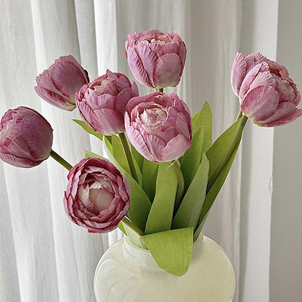 9pcs Real Touch Silk Tulip Flower Burnt Edge Fake Flowers Artificial Tulip Bouquet  Birthday Decor