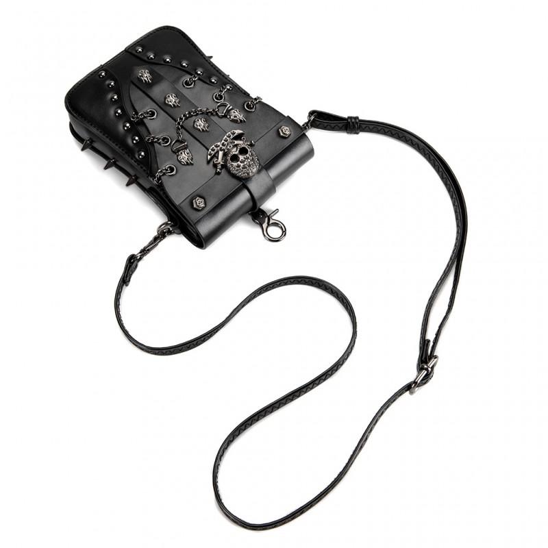Damen Mini Quadratische Umhängetasche Retro Punk Stil Mit Nieten Totenkopf Dekor Handyfach