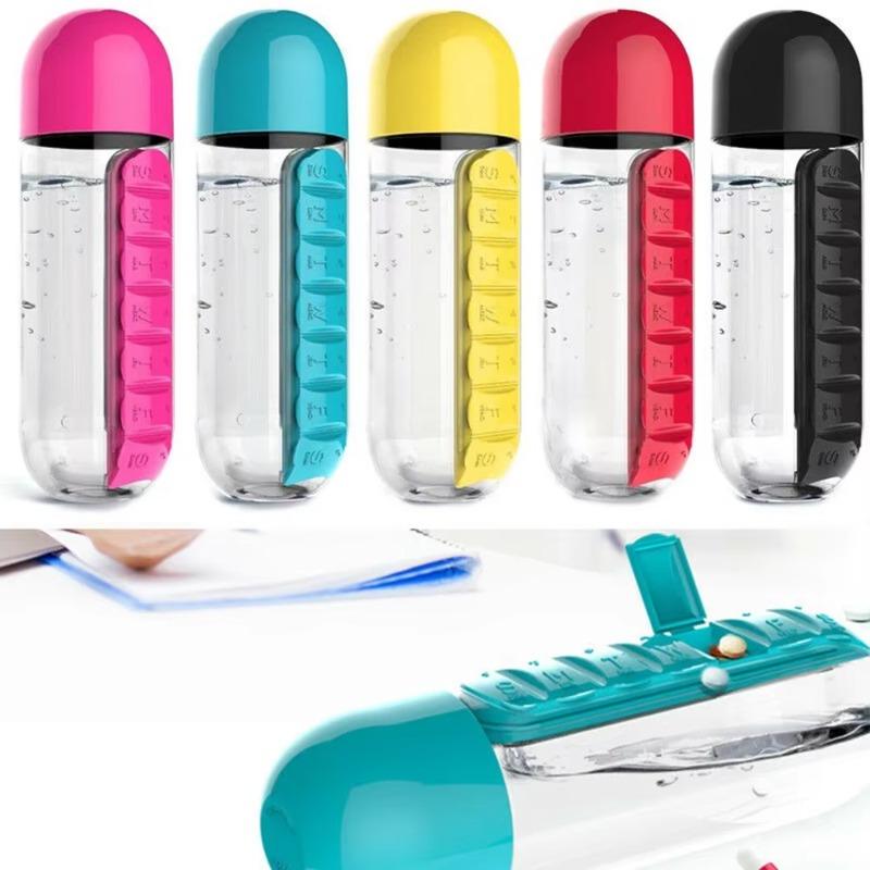 2-in-1 600ml Water Cup Sports Plastic Water Bottle Combine Daily Pill Boxes Organizer Drinking Bottles With 7 Grids Medicine Box